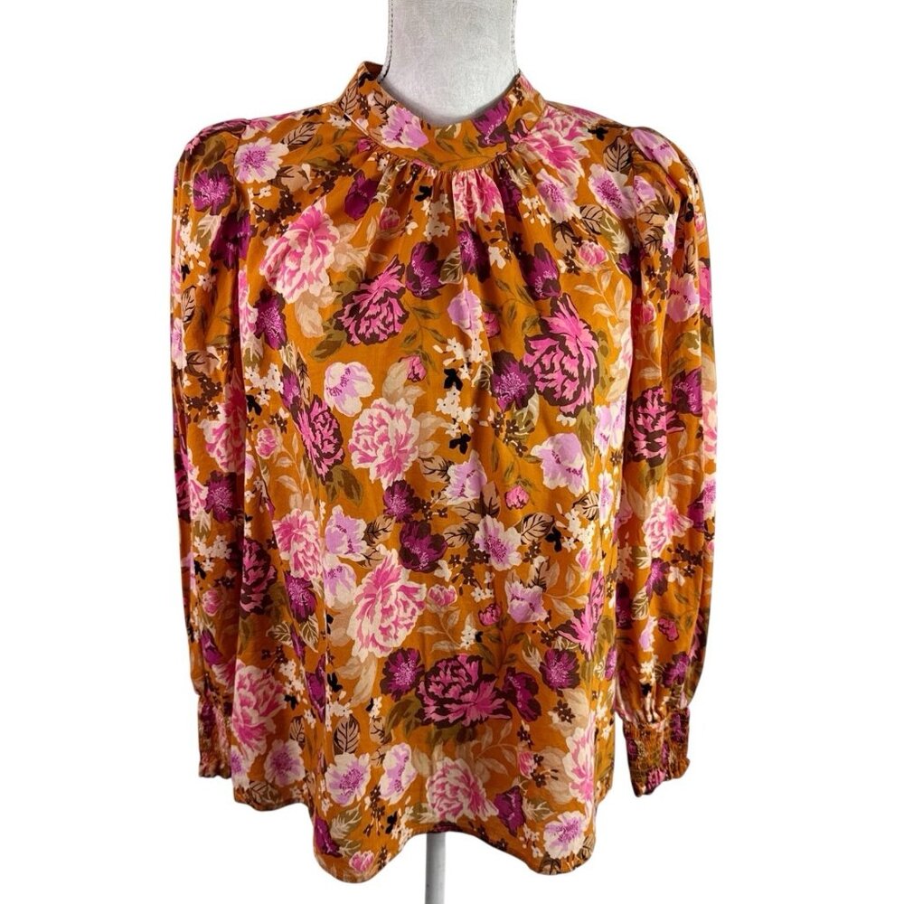 Who What Wear Women's L Long Bishop's Sleeve Blouse Pumpkin Floral‎ EUC